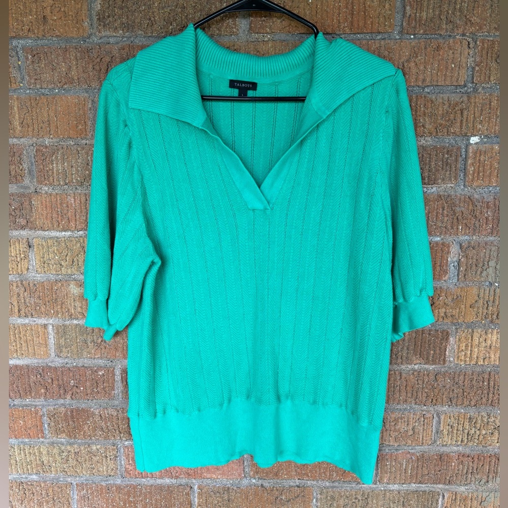Talbots Pullover Sweater Johnny Collar Knit Polo Short Sleeve Large Green Preppy